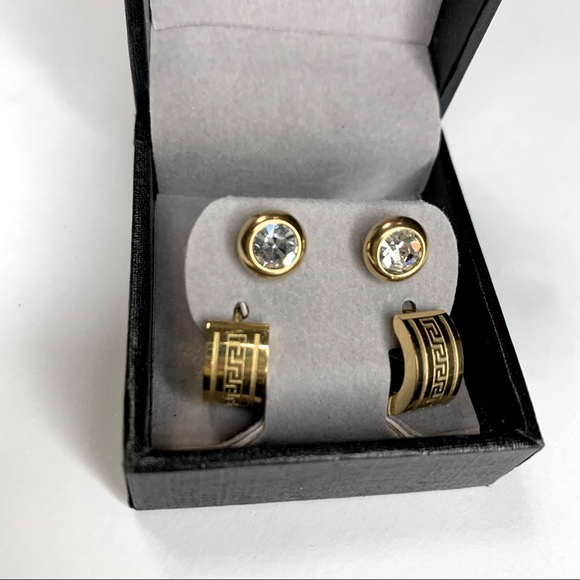 Edforce Stainless Steel Men's Women's Two Pairs Stud/Small Huggie Hoop Earrings - Picture 2 of 6